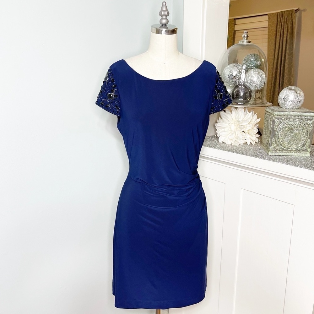 Eliza J Ruched Sheath Dress Formal Party Navy Blue 12 Large - Picture 2 of 10
